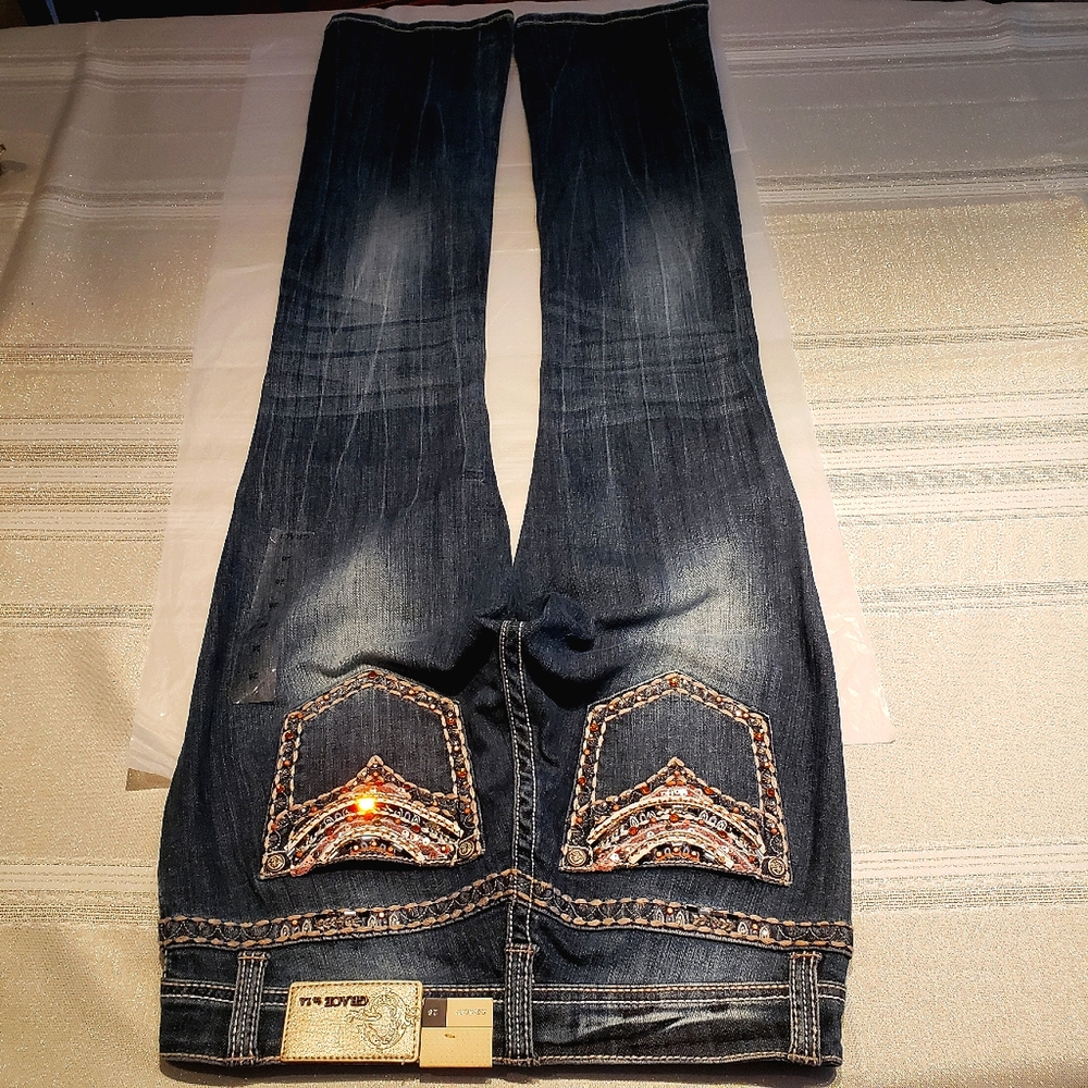 Grace In LA NEW Jeans Denim Embellished Jewel Stud Bead Mesh Slim Bootcut Womens - Picture 3 of 16